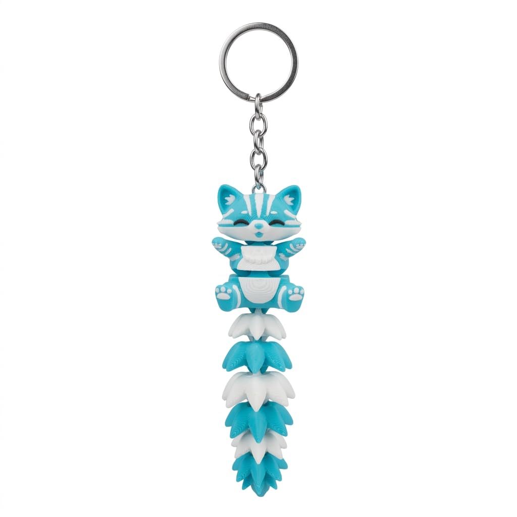 Articulated cat keychain in sky blue and white