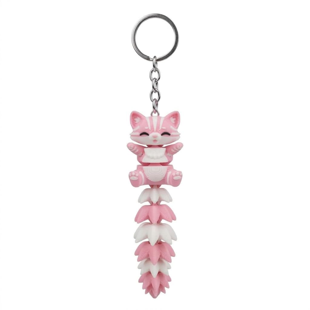 Articulated cat keychain in light pink and white
