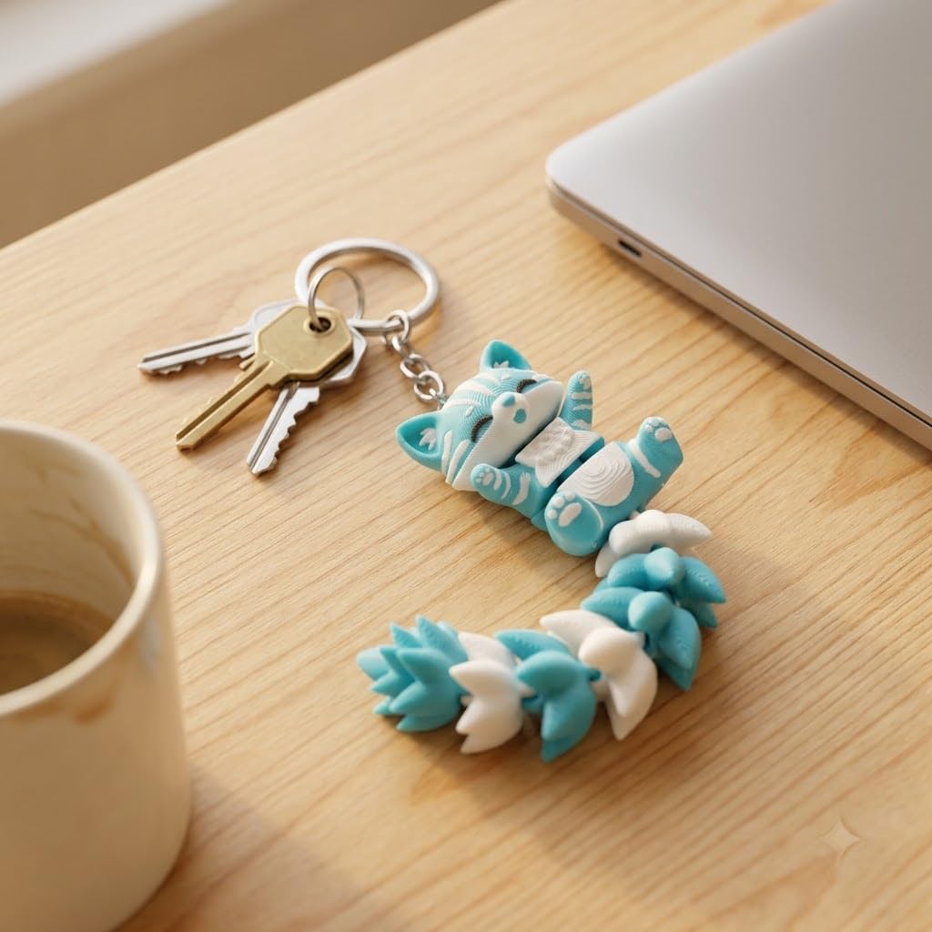 Articulated cat keychain sky blue – detail