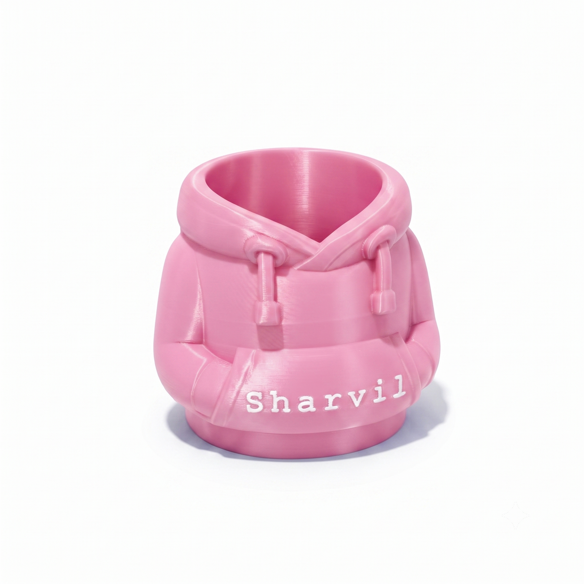 Pink 3D printed hoodie pen holder personalised with the name Sharvil