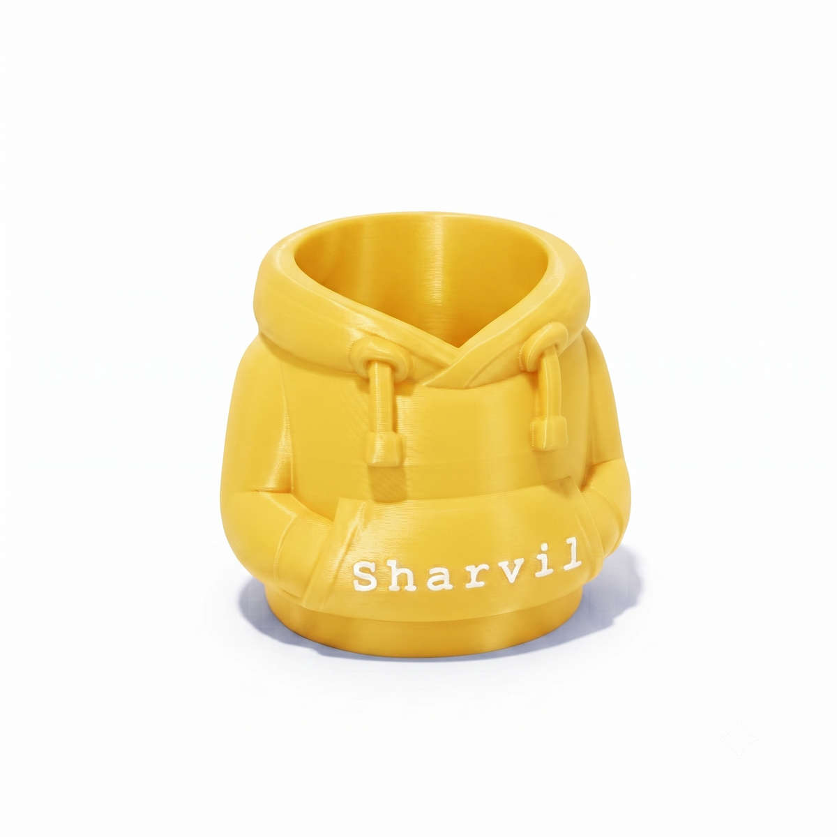 Yellow 3D printed hoodie pen holder personalised with the name Sharvil