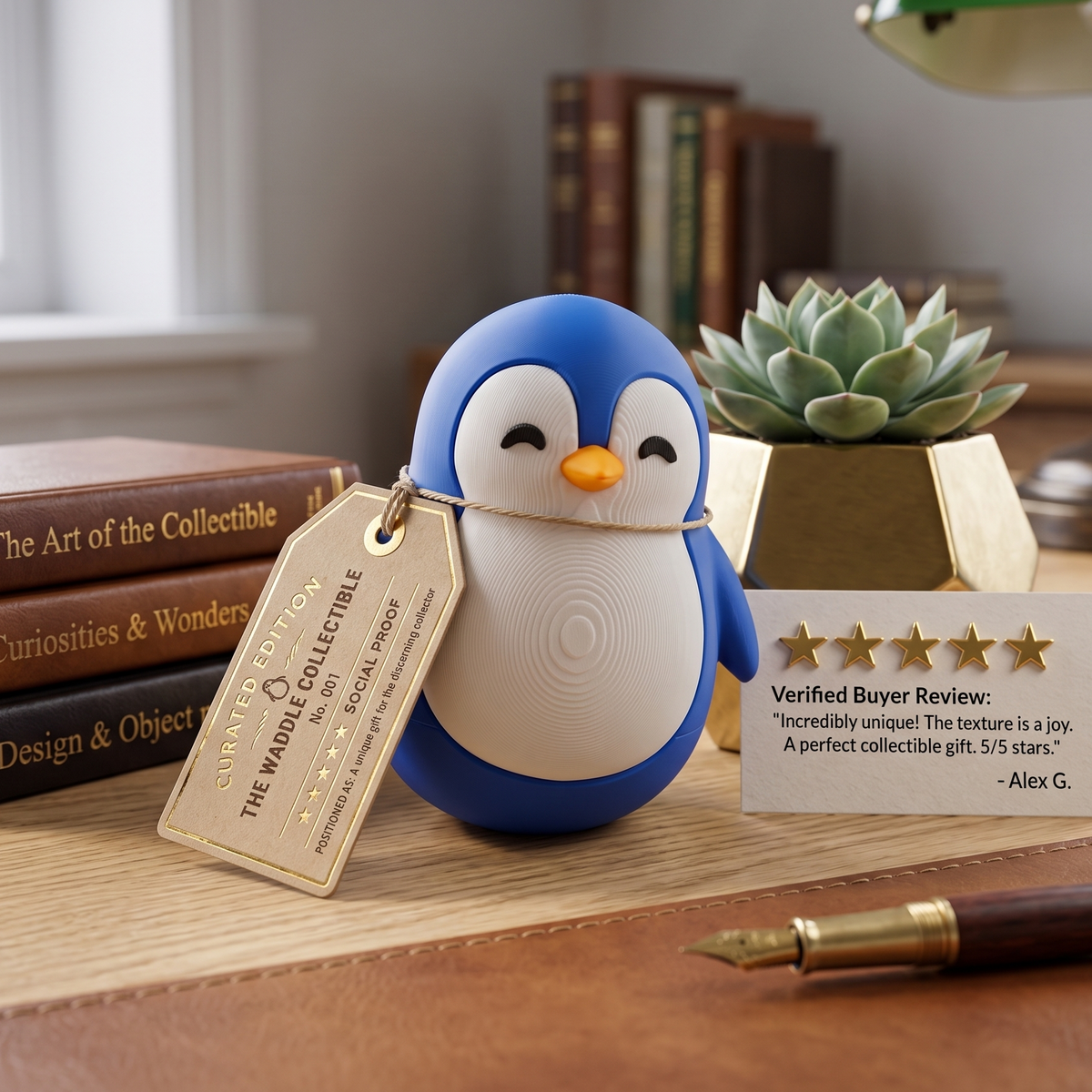 Blue chubby penguin figurine on a wooden desk with books and a succulent