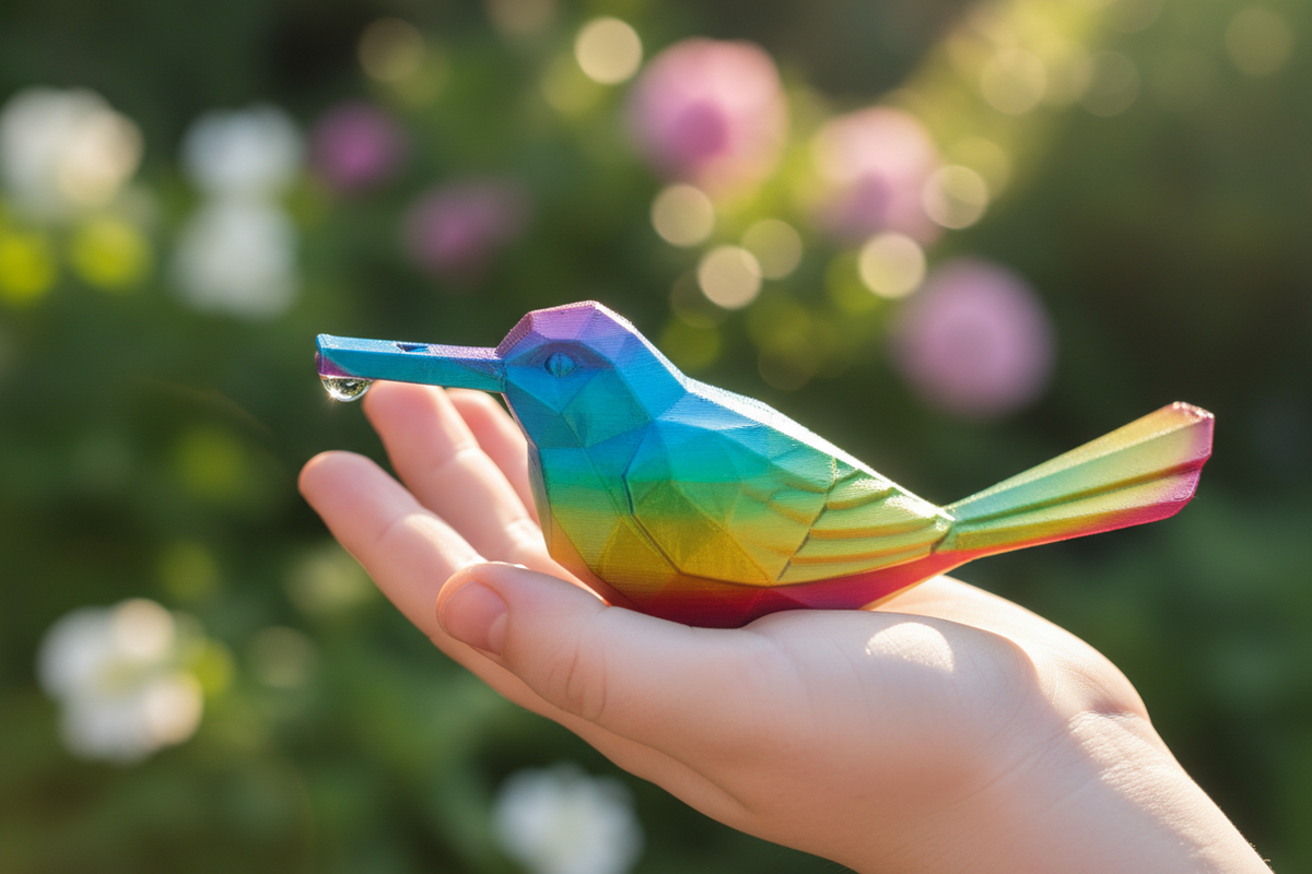 Rainbow colour 3D printed bird whistle resting on an open hand
