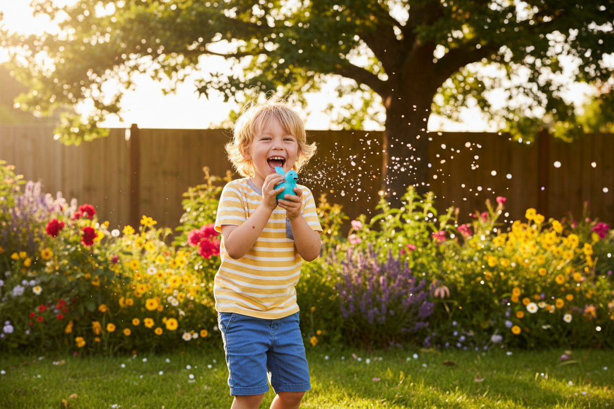 Boy blowing a 3D printed bird whistle in a backyard garden