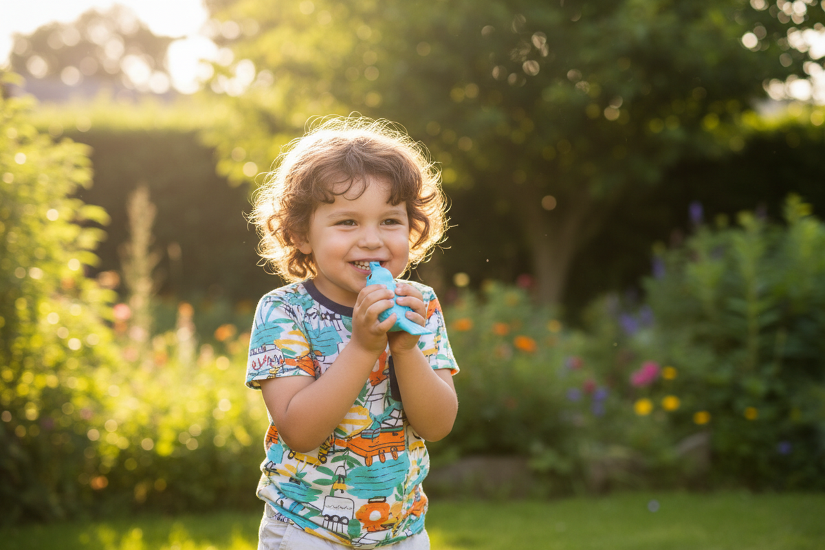 Child playing a blue 3D printed bird whistle in a garden