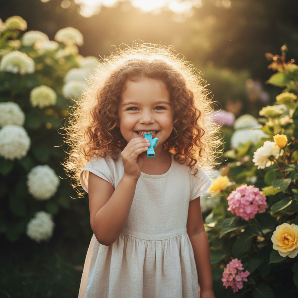 Girl playing a blue bird water whistle in a sunlit garden