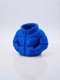 Swag Layers 3D printed blue puffer jacket desk pen holder with realistic quilted texture and high collar design.