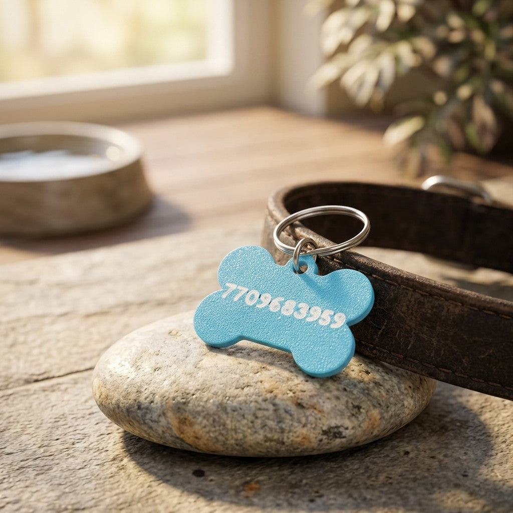 Swag Layers custom blue 3D-printed bone-shaped dog tag with white contact number on a leather collar
