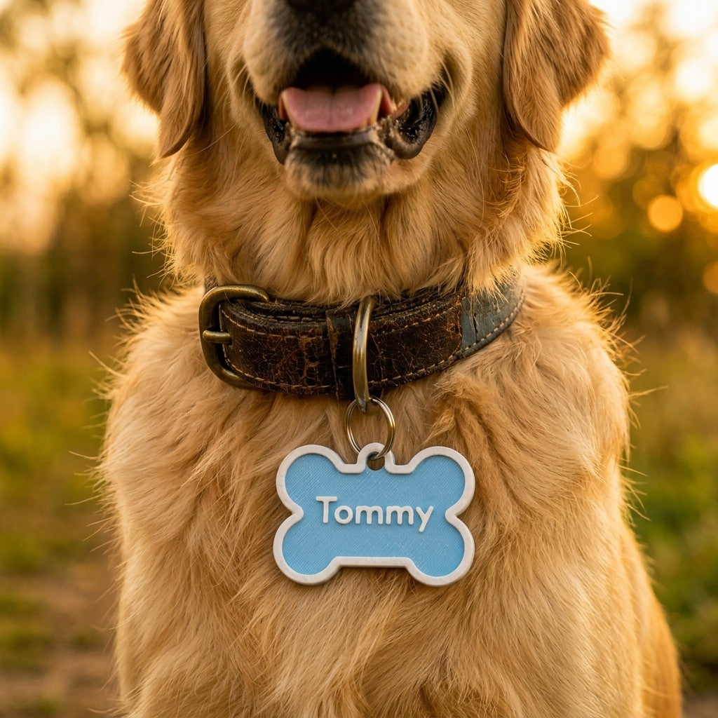 Swag Layers custom 3D-printed blue and white bone-shaped dog tag with the name Tommy attached to a golden retriever