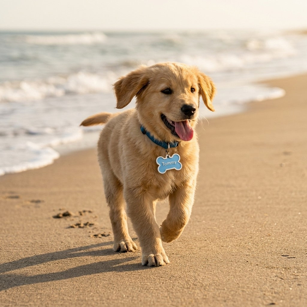 Swag Layers personalized blue bone-shaped dog tag on a golden retriever puppy walking along a sunny beach