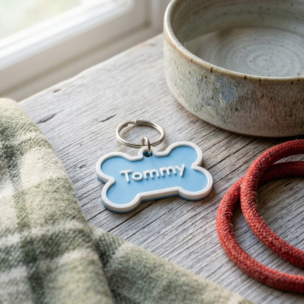 Swag Layers personalized blue and white 3D-printed bone-shaped dog tag with the name Tommy on a rustic wooden surface.
