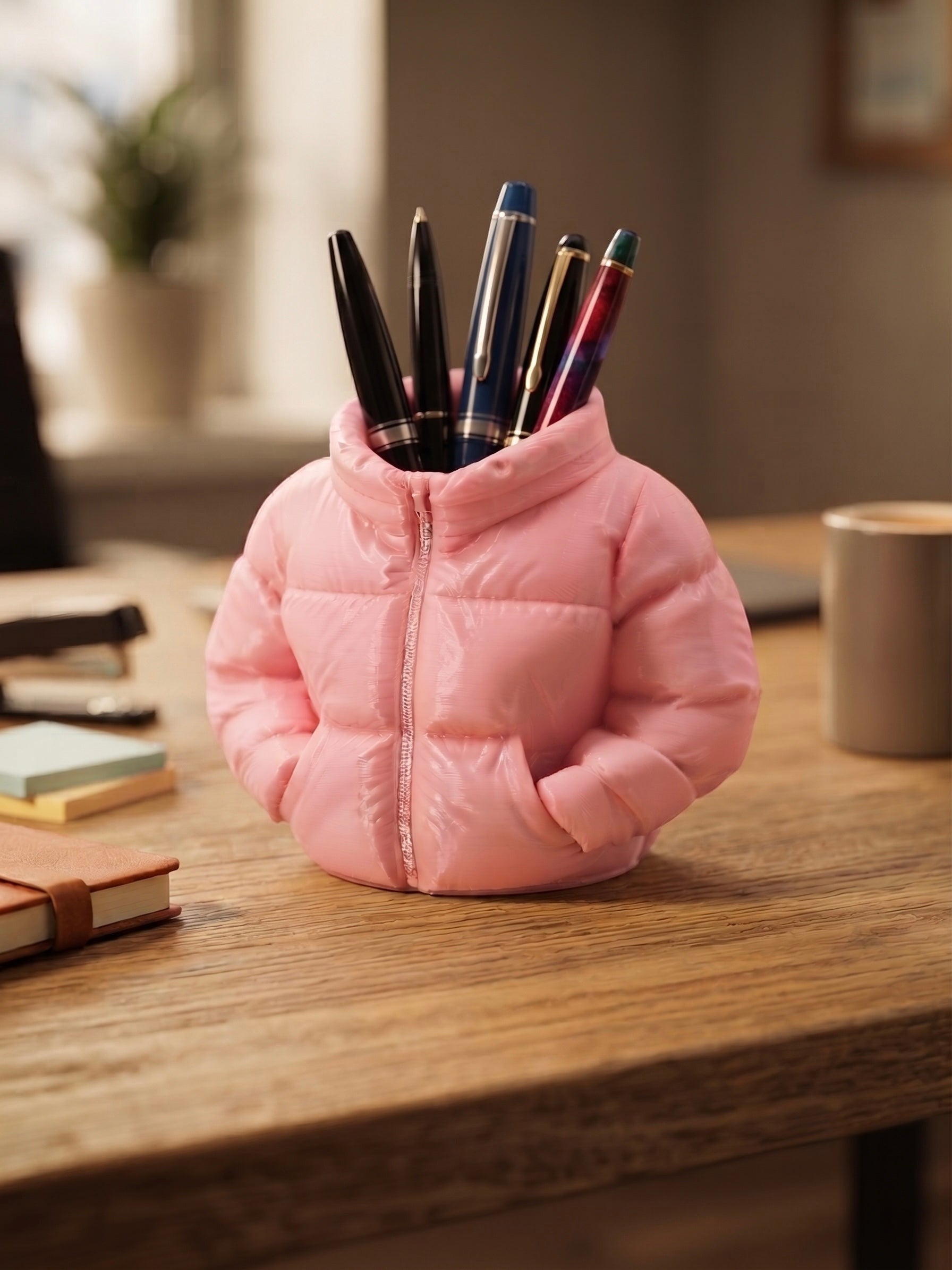 Swag Layers 3D printed light pink puffer jacket desk pen holder with quilted texture on a wooden office desk
